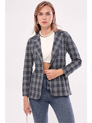 Armonika Kadın Lacivert Ekose Tek Düğmeli Ceket ARM-19K001131 Dokuma Kumaş ile Resmi Stil