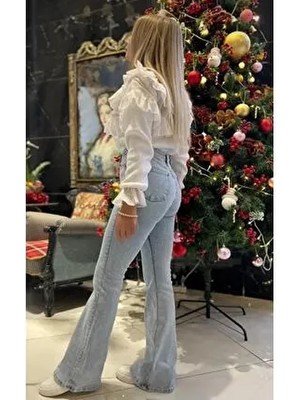 Pubi Yüksekbel Likralı Ispanyol Paça Jeans Denim Düz Desenli Kadınlar İçin