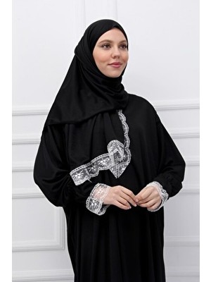 Defka Kendinden Başörtülü Dantelli Kadın Tesettür Namaz Elbisesi Pamuk - Polyester Düz Desenli Uzun Kol