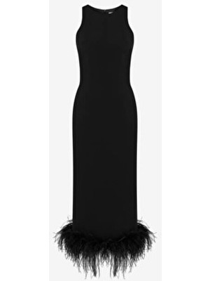 Siyah Tüylü Otriş Detaylı Midi Boy Abiye Nişan Söz Nikah Evden Çıkış Elbisesi