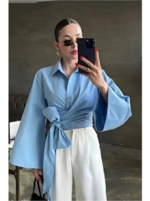 Lesclees Kadın Mavi Ispanyol Kol Oversize Fit Gömlek Kuşaklı Bağlamalı Klasik Düz Desenli