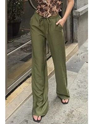 Haki Keten Karışımlı Bol Kesim Pantolon