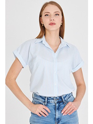 Kadın Bebe Mavi Çizgili Kısa Kol Gömlek ARM-25Y001059