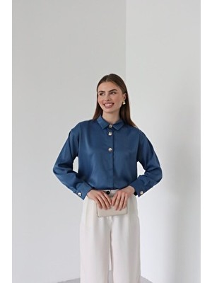 Fashion Box London Saten Kadın Kumaş Klasik Gizli Patlı Gömlek Mavi Renk Düz Desen Uzun Kol