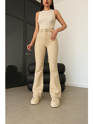 Kadın Yüksek Bel Bej Ispanyol Paça Flare Jeans Kot Pantolon