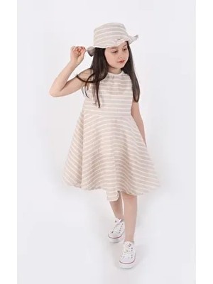Aden Kids Kız Çocuk Çizgili Yazlık Elbise ve Şapka Takımı 2'li - 4-12 Yaş (Pembe, Mavi, Bej, Bordo)