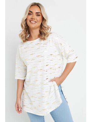 Stil Diva Kadın Büyük Beden Kısa Kollu Bisiklet Yaka Yanları Yırtmaçlı Metalik Baskılı T-Shirt