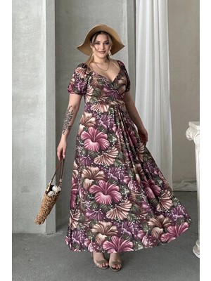 Stil Diva Büyük Beden Kısa Kollu Maxi Elbise 74-80 Çiçek Desenli Prenses Yaka Trend Stil