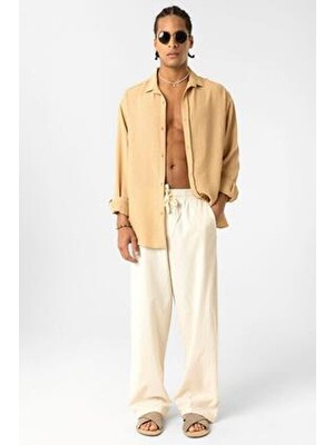 Bel Lastikli Baggy Fit Keten Pantolon Naturel