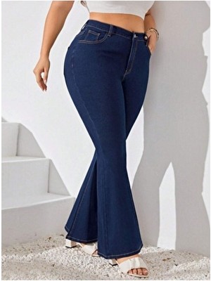 Noxter Kadın Koyu Mavi Denim Pantolon Büyük Beden Rahat Kesim ve 5 Cep Detayı ile Şık