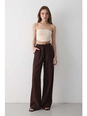 Jaste Kadın Beli Lastikli Bol Paça Palazzo Keten Pantolon KAHVERENGİ