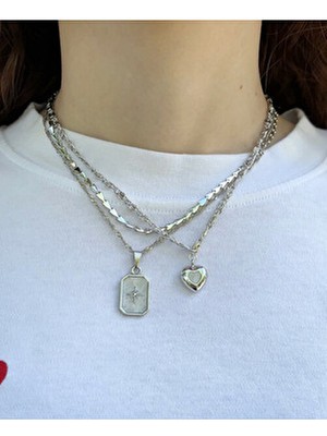 Kadın Gümüş Renk 3 Adet Mineli Kalp Zincir Kolye Seti