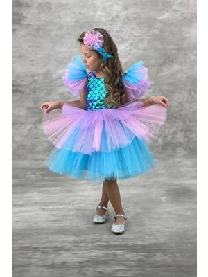 Tüllü Kabarık Etekli Süper Konsept Deniz Kızı Pul Desenli Kız Çocuk Abiye-Parti-Doğum Günü Kostümü