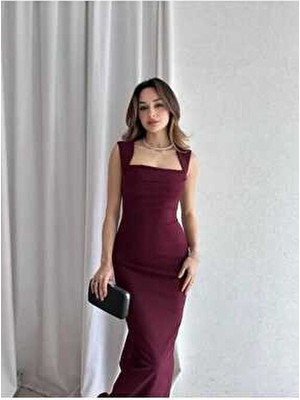 Arow Kolsuz Maxi Elbise Bordo Şifon Düz Desenli Abiye Tarzında Şık Tasarım