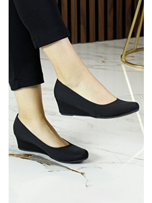 Erkan Saçmacı Kadın Maya Siyah Krep Dolgu Topuklu Ayakkabı Tekstil Taban Çeşidi