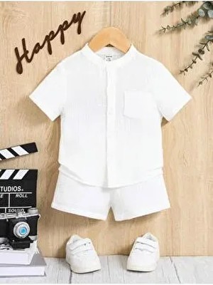 Müslin Cepli Şık Pamuklu 2'li Yazlık Şort Takım-Beyaz
