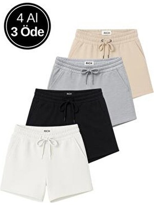 Kadın 4'lü Paket Siyah-Beyaz-Gri-Bej Rahat Kesim Yumuşak Kumaş Beli Lastikli Yazlık Cepli Mini Şort