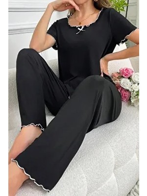 Bella Notte Siyah Pamuklu Kısa Kollu Pijama Takımı Fırfır ve Fiyonk Detaylı Düz Desen