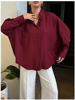 Minaaise Esta Oversize Kadın Gömlek Bordo Pamuk Karışımlı Trend Düz Desenli