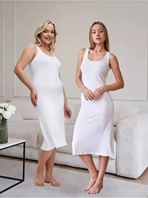 27372 Premium Kumaş Viskon Diz Altı Uzun Esnek Rahat Kalın Askılı Kombinezon Elbise Jüpon