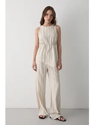 Jaste  Kadın Bej Bisiklet Yaka Çizgili Yelekli Kuşaklı Alt & Üst Takım BEJ