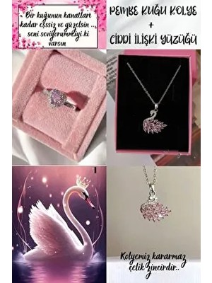 Kararmaz Çelik Pembe Kuğu Kolye ve Ciddi Ilişki Yüzüğü Kolye Yüzük Seti Hediyelik Set