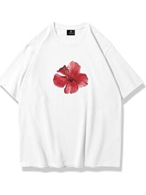 Kadın Red Hibiscus Tshirt Beyaz