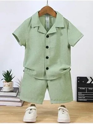 V Yaka Gömlek Detaylı Pamuklu Waffle Şort Takım-Yeşil