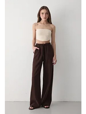 Jaste Kadın Beli Lastikli Bol Paça Palazzo Keten Pantolon KAHVERENGİ