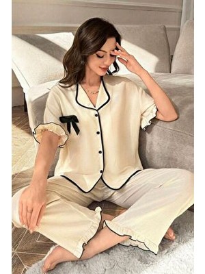 Bella Notte Kısa Kollu Düğmeli Pijama Takımı Bej Renkli  Fiyonk Detaylı