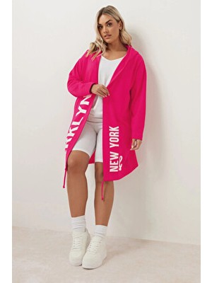 Stil Diva Büyük Beden Kapüşonlu Uzun Kollu Yazı Baskılı Cepsiz Hırka Dokuma Kumaşlı