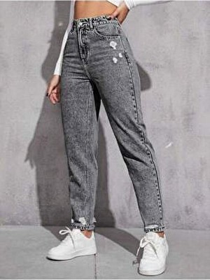 Noxter Kadın  Yıpratmalı Denim Pantolon Regular Boy 5 Cep ile Modern ve Şık