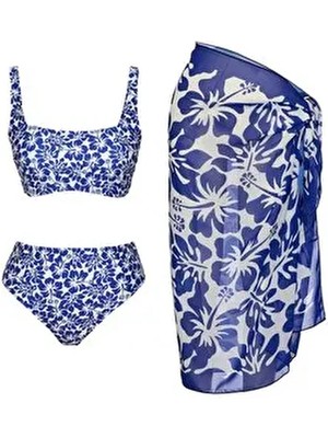 Sailor Moda Kadın Straplez Askılı Bikini Takım Çiçek Desenli Dokuma Pareolu Mavi Renk