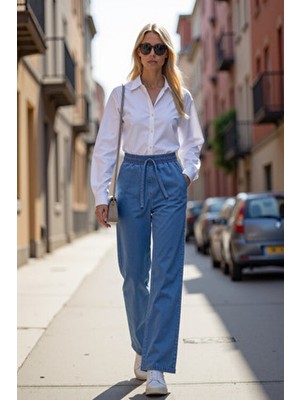 Enzim Jeans Kadın Wide Leg Pantolon Düz Desenli Beli Lastikli Denim Rahat Kesim Tüm Sezonlar