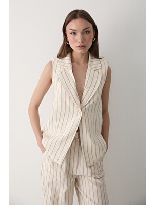 Jaste Kadın Bej Çizgili Vatkalı Düğmeli Yelek & Beli Lastikli Pantolon Takım BEJ