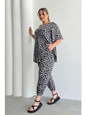 Stil Diva Büyük Beden Kadın Desenli Şalvar Pantolon 99-3 Lastikli Cepli Gri Dokuma Kumaş