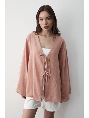 Jaste %100 Pamuk Kadın Yarasa Kol Kimono Uzun Kollu Düz Desenli Çift Bağlamalı Oversize