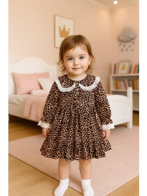 Kız Çocuk Leopar Desenli Yakası Fisto Detaylı Doğum Günü, Konsept , Özel Gün, Bayramlık Elbise