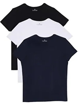 Unisex 3'lü Paket Siyah-Beyaz-Lacivert Slim Fit Dar Kesim %100 Pamuk Bisiklet Yaka Tişört