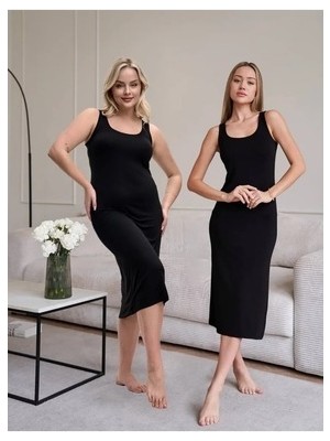 27372 Premium Kumaş Viskon Diz Altı Uzun Esnek Rahat Kalın Askılı Kombinezon Elbise Jüpon