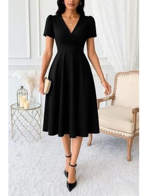 Mossta Siyah Kısa Kollu Midi Krep Elbise Zarif Silüet ile Özel Olaylar için Şık Stil
