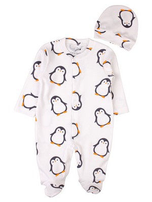 Yenidoğan Bebek Tulum Şapka Penguenli Pamuklu Beyaz Renkli Rahat Kesim Özellikli