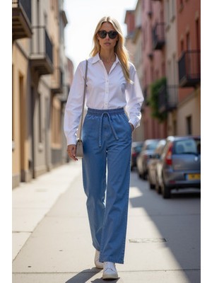 Enzim Jeans Kadın Wide Leg Denim Pantolon Beli Lastikli Düz Kesim Rahat Model