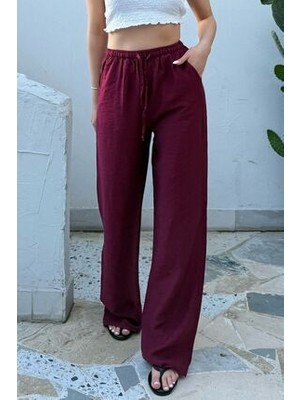 la & vetta Kadın Bordo Keten Karışımlı Bol Kesim Pantolon Düz Desen ile Günlük Kullanım İçin İdeal
