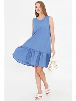 Kadın Buzmavi Kolsuz Eteği Fırfırlı Elbise ARM-18Y001156