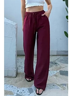 Bordo Keten Karışımlı Bol Kesim Pantolon