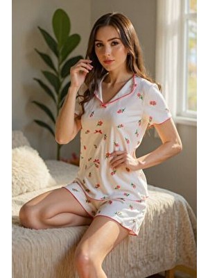 Bella Notte  Ekru Çiçekli Pamuklu Şortlu Pijama Takımı Kısa Kol ve Fiyonklu
