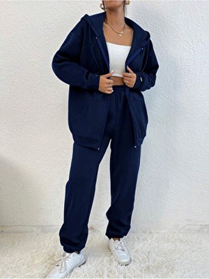 Saat Tekstil Kadın Oversize Eşofman Takımı Lacivert Kapüşonlu Kalın Tüm Sezonlar İçin Uygun
