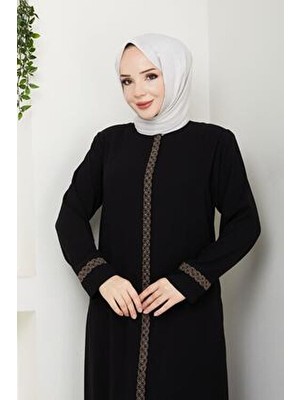 Eslemnur Nakış ve Taş Detaylı Uzun Kol Gündelik Ferace Düz Desen Kadın İçin İnce Kumaş