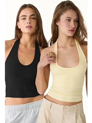 Siyah Tereyağı Sarı 2'li %95 Pamuk Halter Yaka Çift Kat Crop Top Body